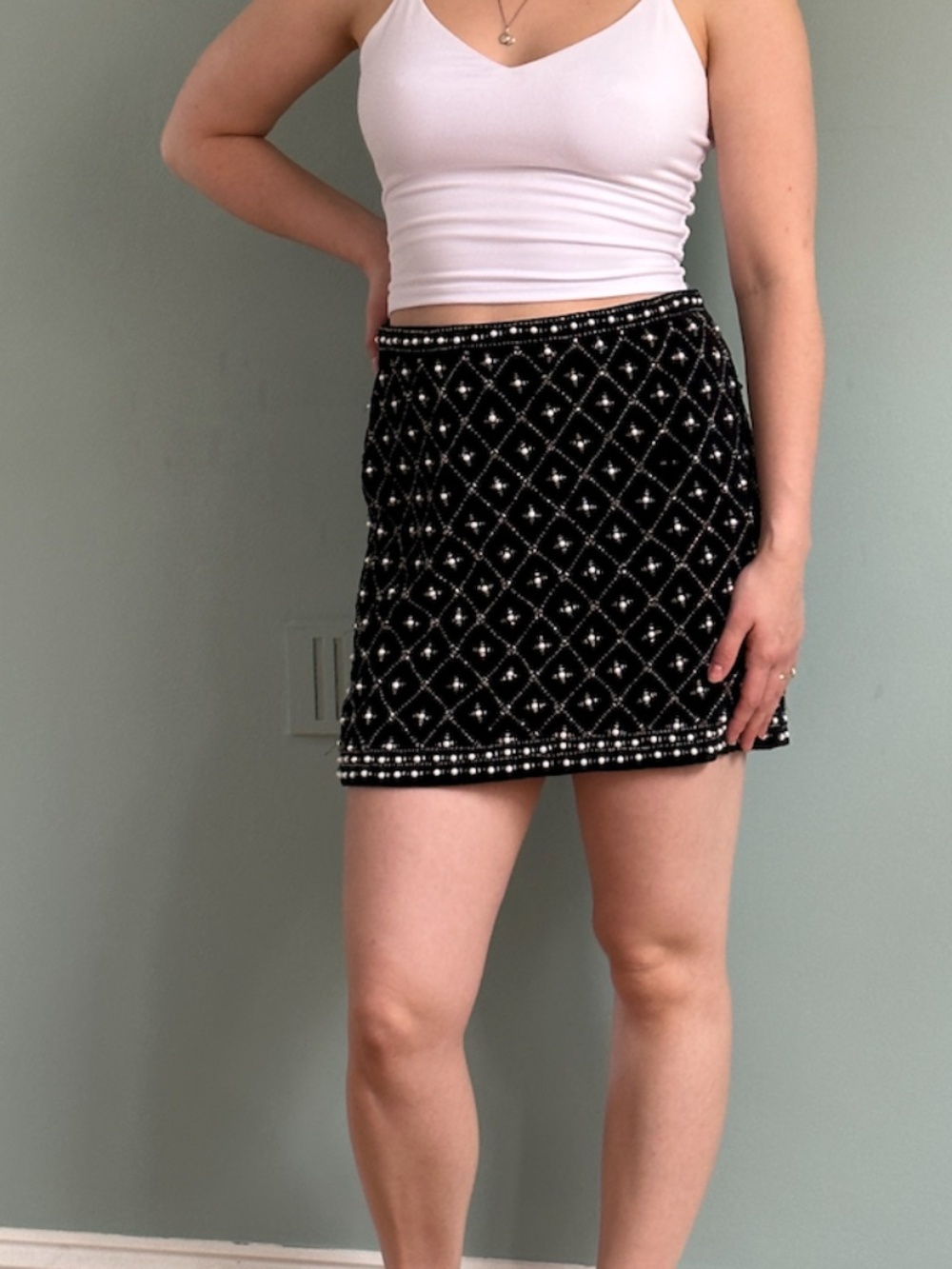 Zara Beaded Black Velvet Mini Skirt (Size Small)